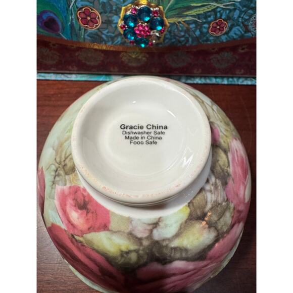 Vintage Gracie China Rose Pattern Bowl In Beautiful Peacock Pattern Gift Box - Picture 4 of 8